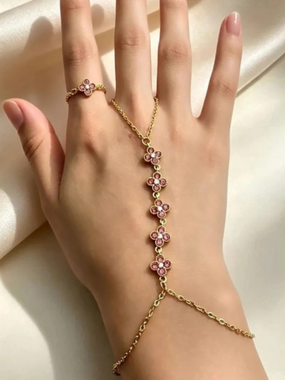 Floral Pink Crystal Hand Chain Bracelet